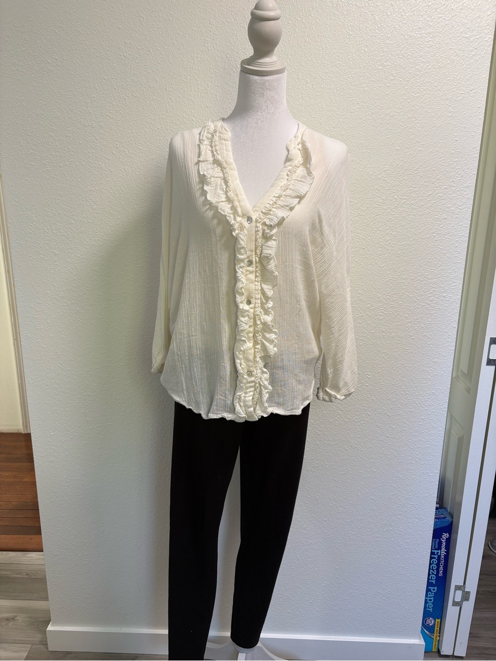 Zara Ivory Ruffle-Trim V-Neck Blouse